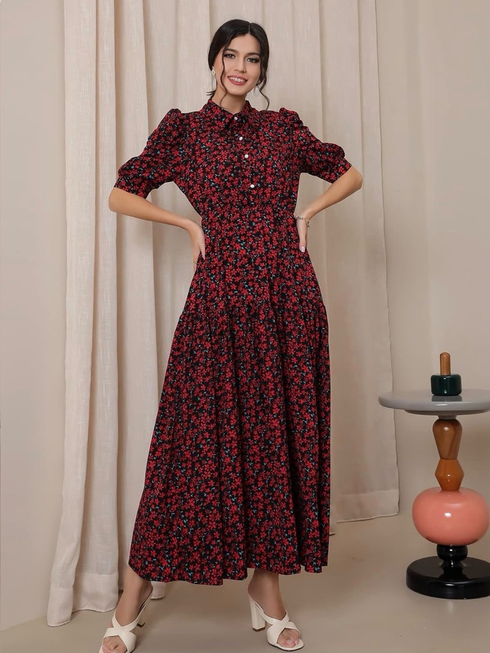 Women Ditsy Floral Puff Sleeve Shirt Dress - Large